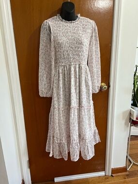 Smocked Long-Sleeve Floral Midi Dress in Light Pink